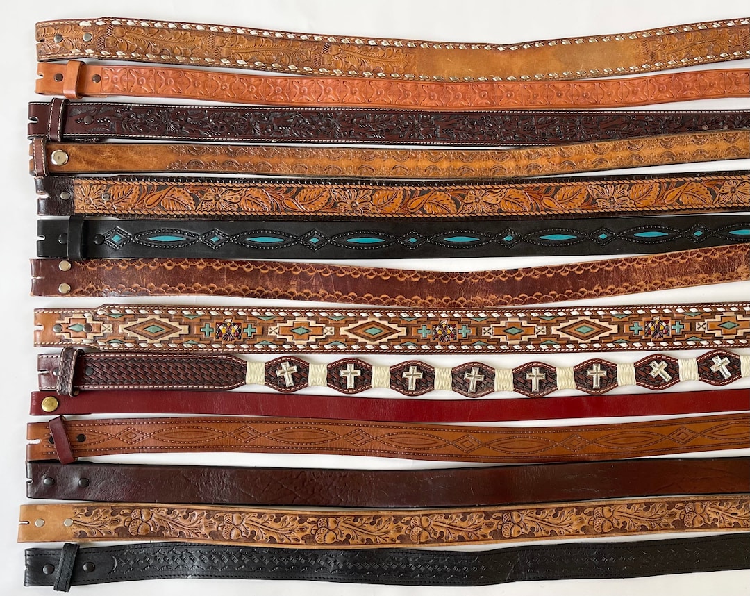 Tooled Leather Belt Strap Vintage Snap on Detachable Brown Black