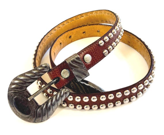 Vintage Studded Western Belt Al Beres Handmade Reptile Embossed Dark Brown Leather Strap Sterling Silver Overlay Buckle Cowboy