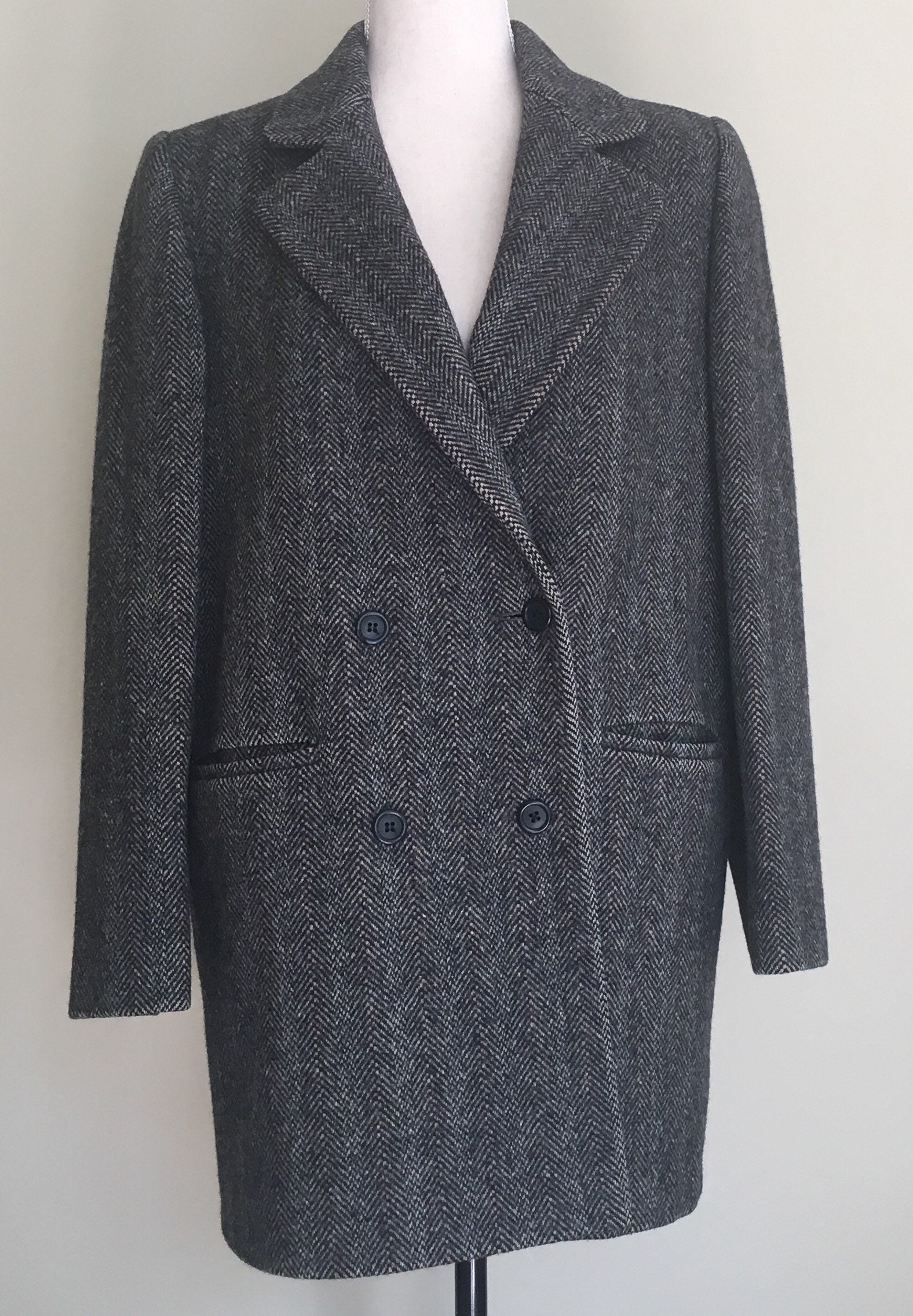 Oversized Herringbone Tweed Coat Jacket Vintage J G Hook Grey Gray Wool ...