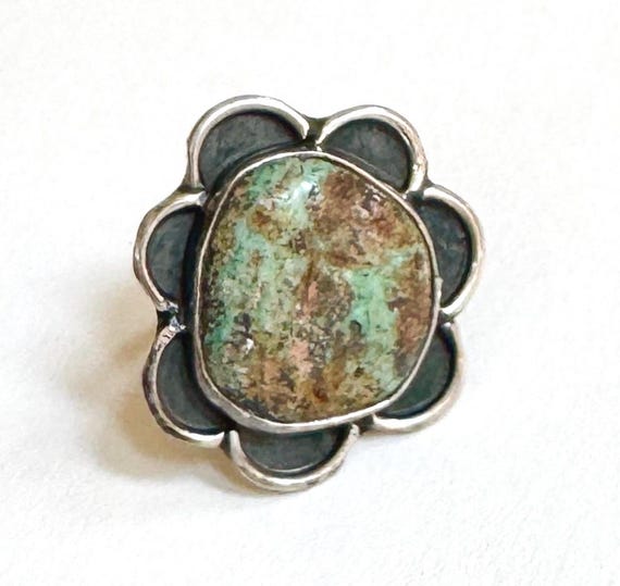 Large Navajo Turquoise Ring Vintage 50's Signed Native American Handmade Sterling Silver Flower Floral Western Southwest Ring Size 8.25