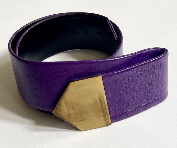 80s Christian Dior Belt Purple Leather Brushed Brass Gold Buckle French Designer Waist Belt Made in Taiwan