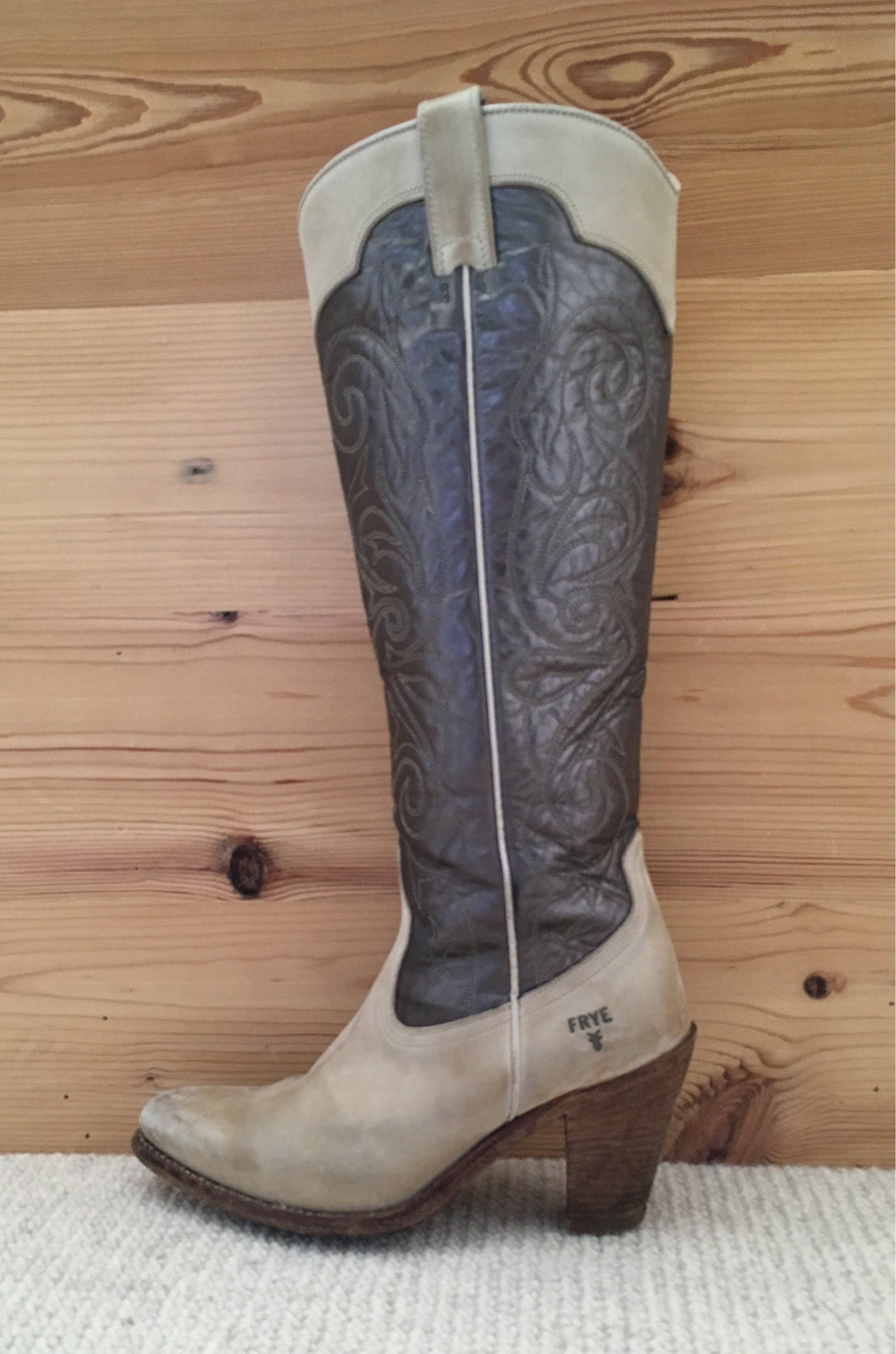 Vintage Frye Cowboy Boots Knee High Cowgirl Beige Brown Silver Ladies