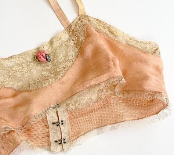 Edwardian Silk Brassiere Bra Top Handmade Antique Victorian Lingerie Undergarment Peach Pink Silk Lace Trim Floral Rosette Detail