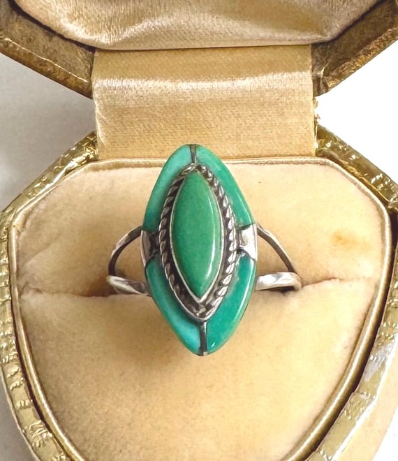 Vintage Marquise Turquoise Ring Sterling Silver and Turquoise Inlay Size 6.5