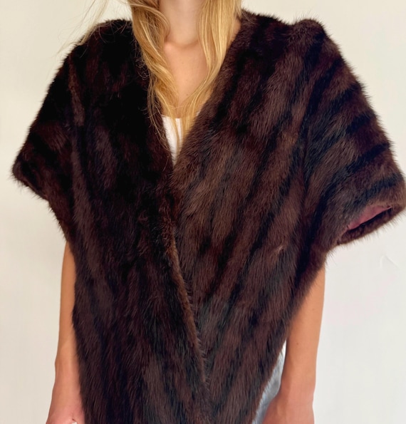 Luxurious Mink Fur Wrap Capelet Shrug Stole Vintage 50s 60's Glossy Dark Brown Black Evening Cocktail Wedding Bridesmaid Bridal Fur