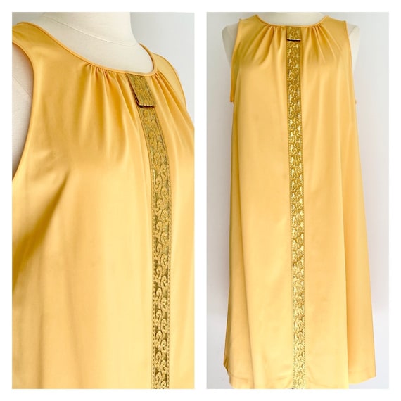 60s Marigold Nylon Nightgown Nightie House Dress Vintage Lorraine Lingerie Soft Nylon Sleeveless Gold Brocade Detail Along Front XS S