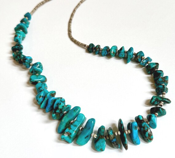 Native American Turquoise Necklace Vintage Handcrafted Turquoise Nugget Olive Shell Heishi Bead Vintage Southwest Jewelry