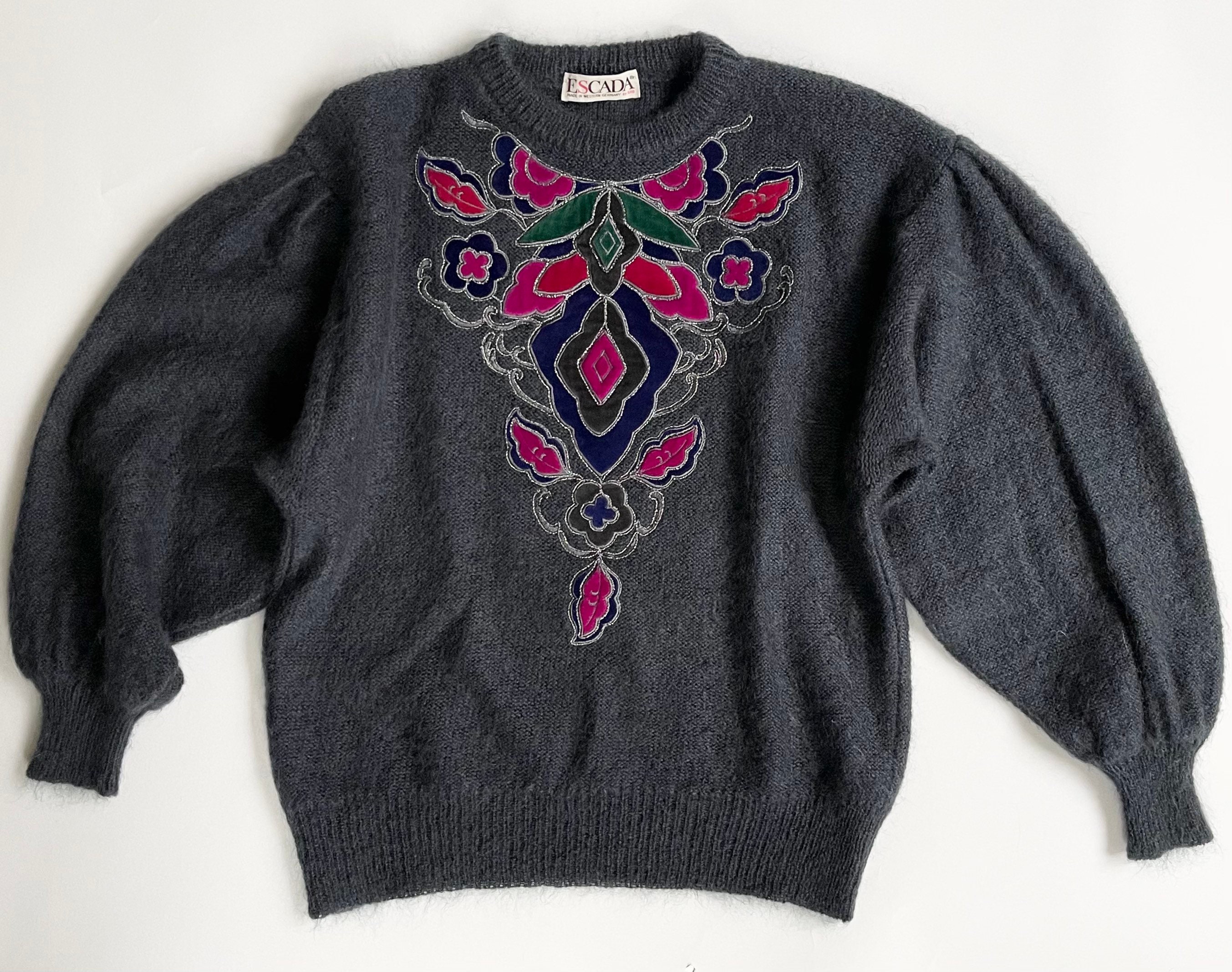 80s Escada Mohair Sweater Charcoal Gray with Velvet Floral Applique ...