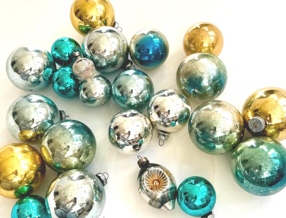 Vintage Glass Ornament Lot Mixed Lot of Blue Gold Silver Aqua Tone Glass Bulbs Retro Mid Century Christmas Decor