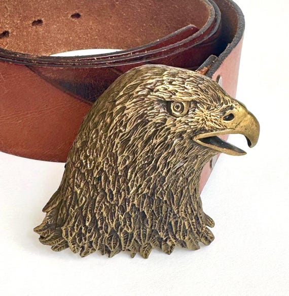 Solid Brass Eagle Buckle Belt Vintage 70's Leoma Lovegrove Omega Stamp Western Ranch Rocker Thunderbird Cowboy Antiqued Leather Strap