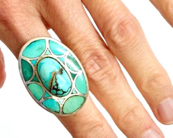 Hefty Zuni Turquoise Ring Signed Vintage Native American Sterling Silver