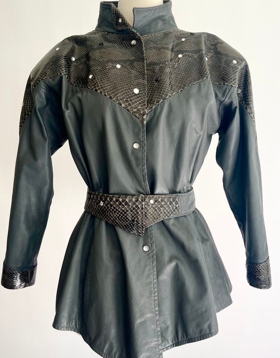 Handmade Western Leather Jacket Handcrafted in Santa Fe by The Art of Being Seen Vintage 90's Grey Reptile Snakeskin Shoulder Pads Belted