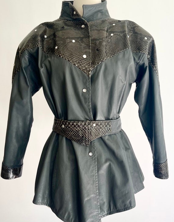 Western Bling Leather Jacket Handcrafted in Santa Fe by The Art of Being Seen Vintage 90's Grey Reptile Snakeskin Shoulder Pads Belted