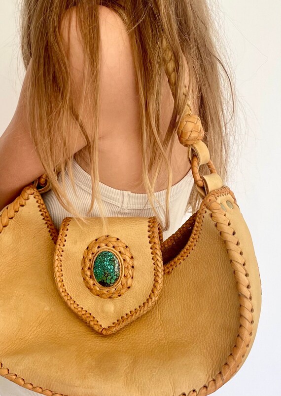 Handmade Western Leather Bag Purse Shoulder Bag Soft Tan Leather Turquoise Accent Crescent Half Moon Vintage 70's Handmade Leather Goods