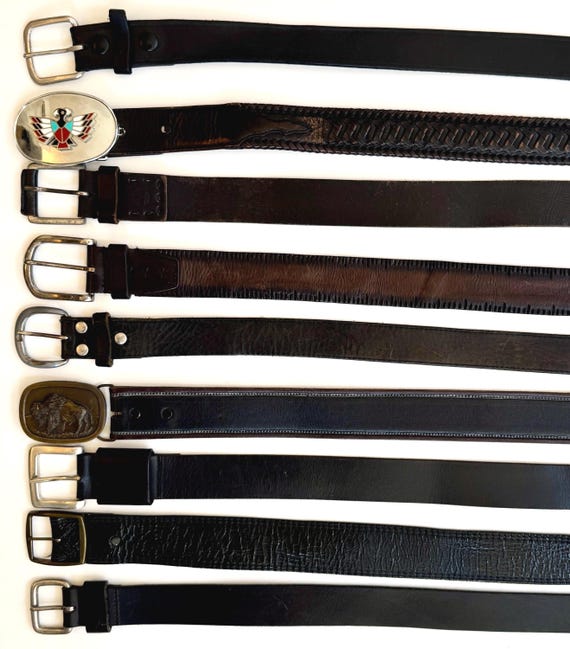 Vintage Black Leather Belt Western Cowboy Rugged Distressed Worn Black Belt Strap Mens Women's Belts Thunderbird Buffalo Brass Silver Buckle