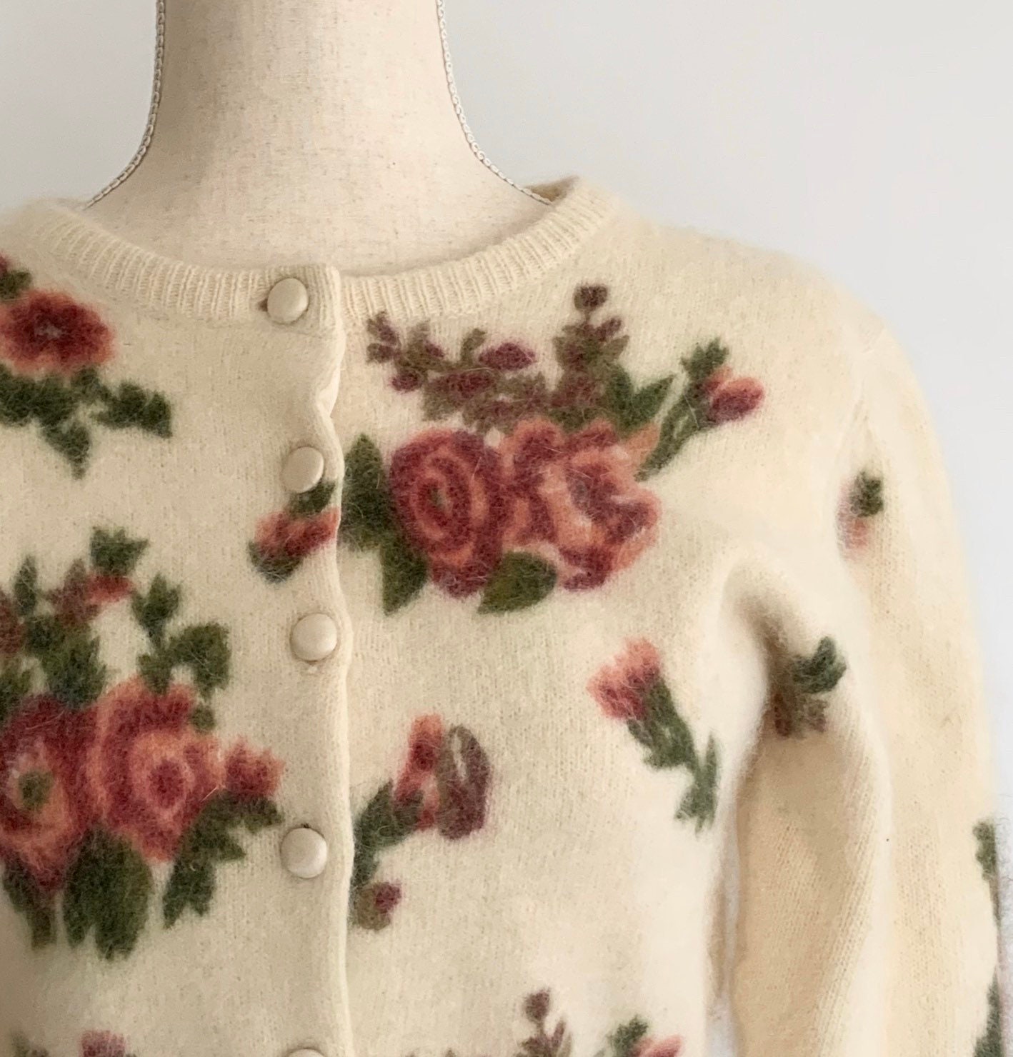 Cropped Angora Cardigan Sweater with Rose Floral Print Vintage 80s ...