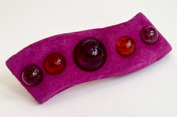 Vintage French Hair Barrette Clip Vintage 80s Hair Accessories Made in France Magenta Pink Purple Suede Jeweled Embellishments