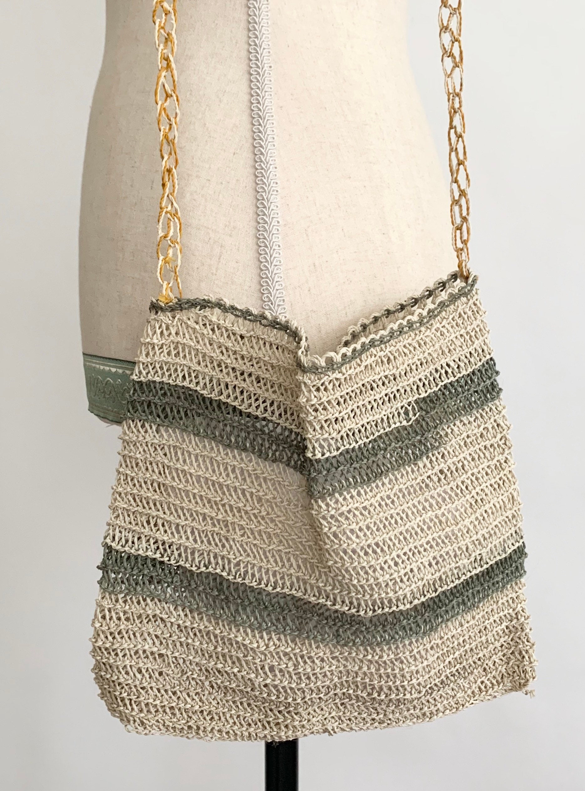 Boho Open Weave Bag Purse Vintage Open Knit Striped Natural White Beige