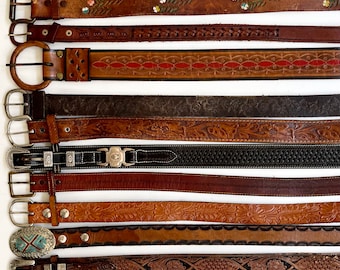 Vintage Tooled Leather Belt Western Style Distressed Worn Leather Vintage Belt Brown Dark Brown Floral Tooled Strap Cowboy Rodeo
