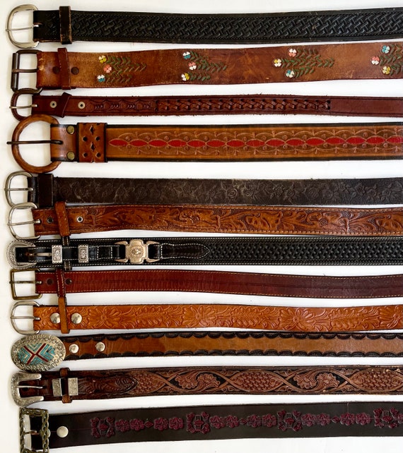 Vintage Tooled Leather Belt Western Style Distressed Worn Leather Vintage Belt Brown Dark Brown Floral Tooled Strap Cowboy Rodeo