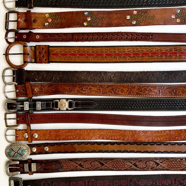 Vintage Tooled Leather Belt Western Style Distressed Worn Leather Vintage Belt Brown Dark Brown Floral Tooled Strap Cowboy Rodeo