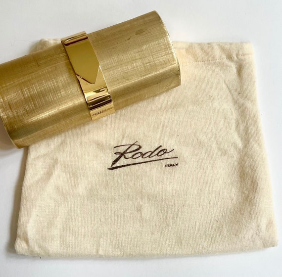 Rodo Italy Gold Clutch Purse Hard Shell Box Purse Vintage Designer Bag Original Dust Bag Gold Tone Metal