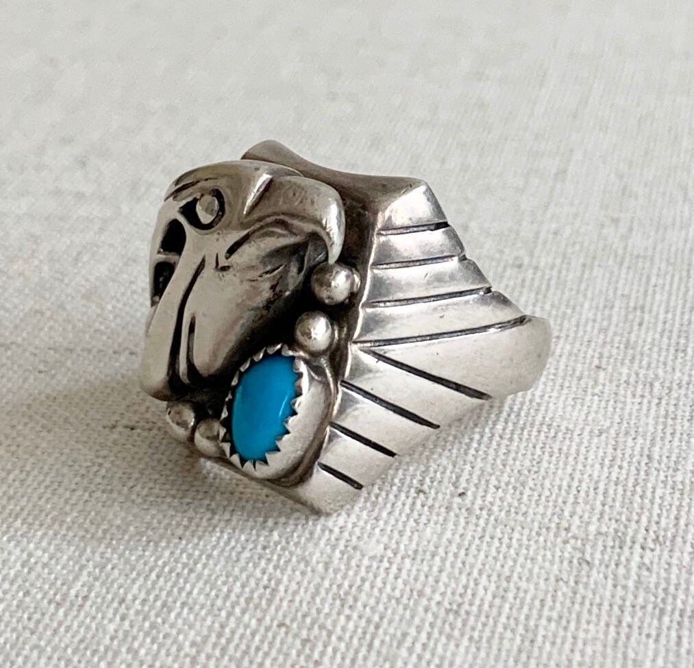 Turquoise Eagle Biker Ring Sterling Silver Bald Eagle Head Vintage