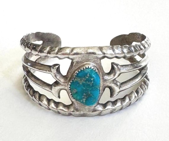 Wide Turquoise Cuff Bracelet Cast Sterling Silver Southwest Native American Open Ornate Band Oval Heavy 52g