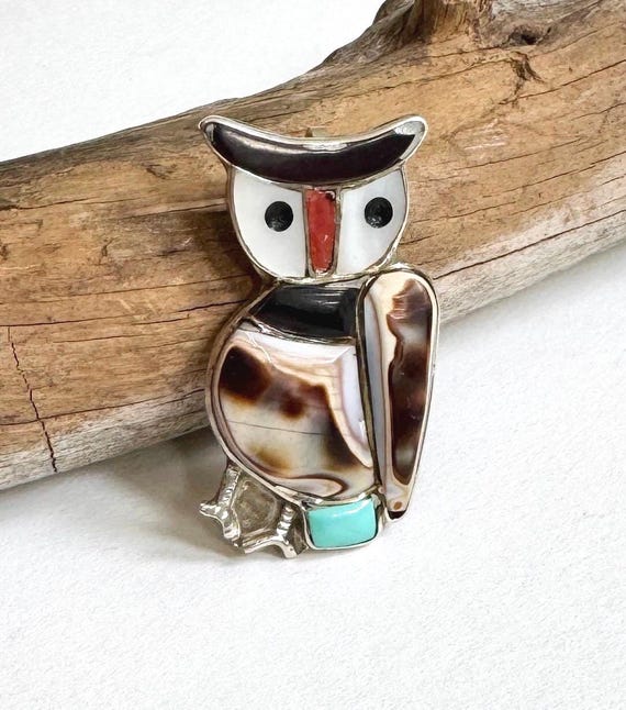 Vintage Zuni Owl Pendant Pin Brooch Native American Lesansee Sterling Silver Bird Turquoise Stone Inlay