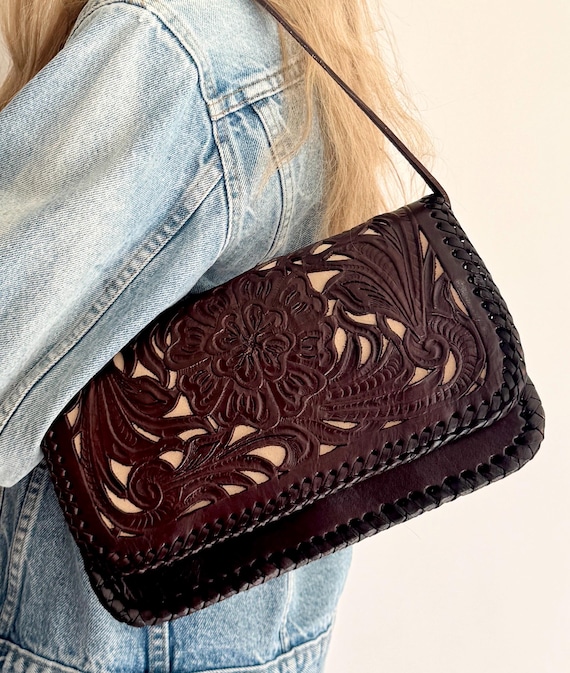 Floral Tooled Leather Purse Shoulder Bag Purse Vintage Alacala Handmade in Mexico Two Tone Dark Chocolate Brown Tan Flower Tooling
