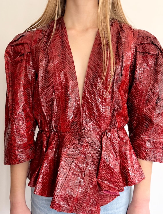 Vintage 80's Red Snakeskin Jacket Peplum Top 3/4 Puff Sleeve