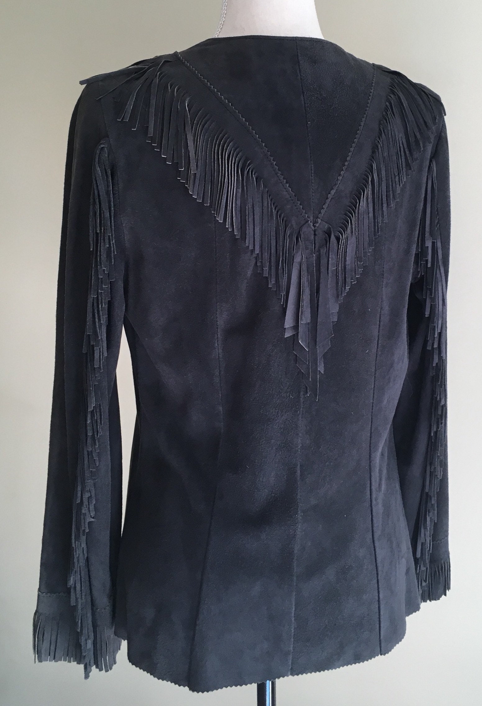 Vintage Suede Fringe Jacket Buffalo Nickel Detail Black Brown Hippie Boho Womens Xs S