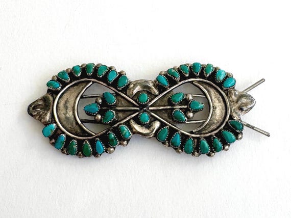 Sterling Silver Turquoise Barrette Vintage Native American Zuni Needlepoint Turquoise Set Stones