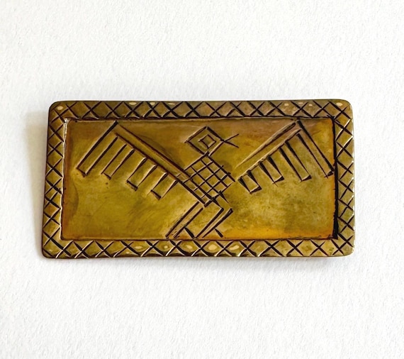 Brass Thunderbird Pin Brooch Signed Phyllis Woods Native Southwest Tribal Jewelry Eagle Bird Animal Symbol Rectangle Hat Pin