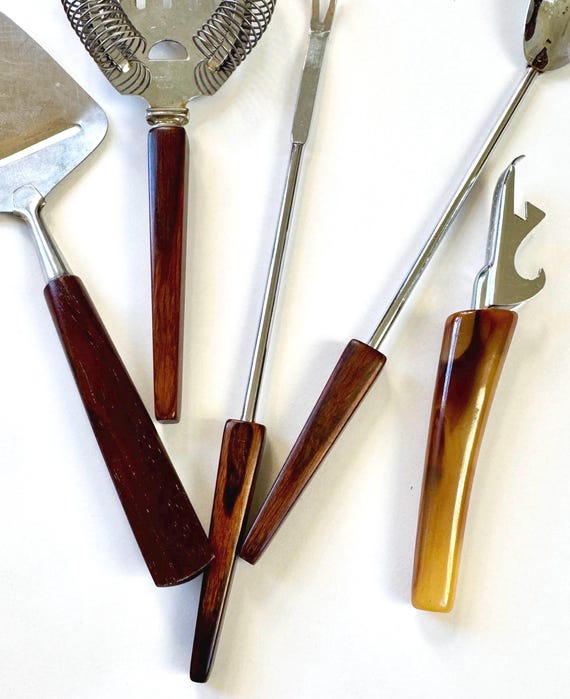 Mid Century Bar Tools Teak Bakelite Handles Bottle Opener Strainer Stirrer