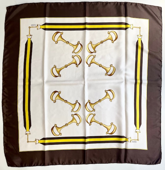 Vintage Gucci Horsebit Scarf Original Label Attached 100% Silk Carre Scarf Brown White Yellow Gold Made in Italy