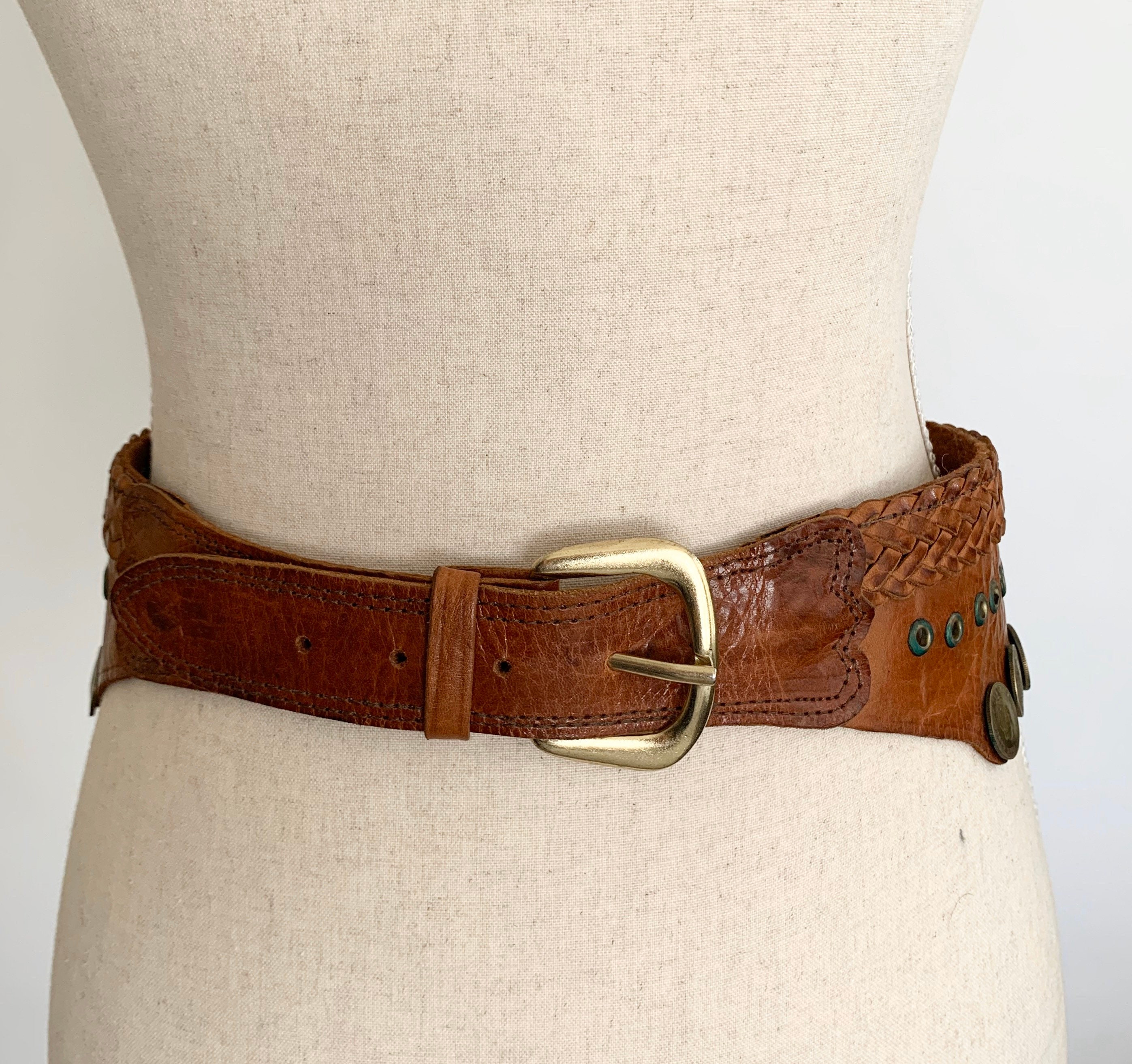 Wide Studded Coin Belt Vintage 70s Distressed Brown Leather Brass Studs ...