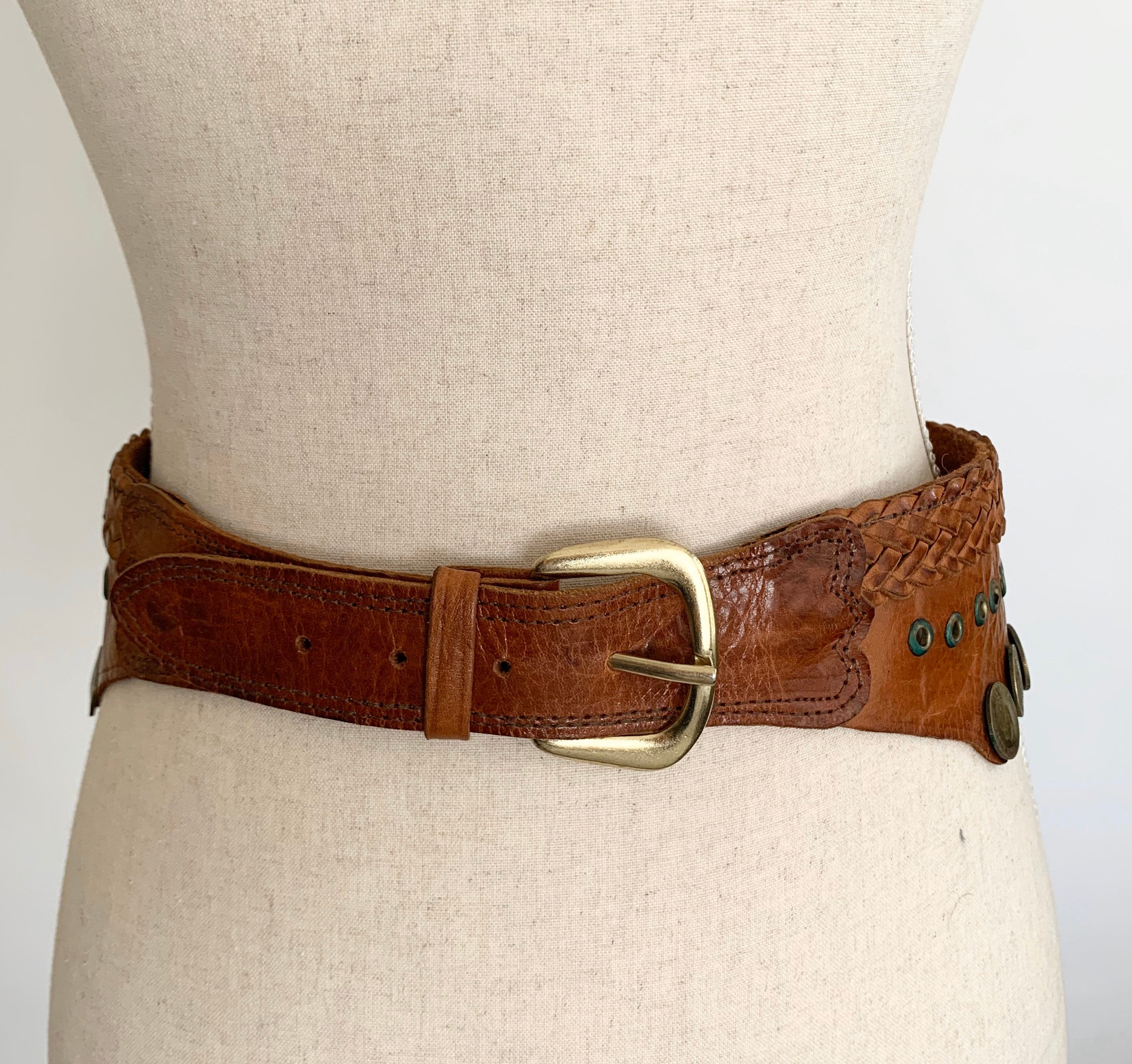 Wide Studded Coin Belt Vintage 70s Distressed Brown Leather Brass Studs