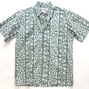 Vintage Reyn Spooner Shirt Hawaiian Aloha White Green Tapa Tiki Floral Print 80's Men's Short Sleeve Summer Tropical Beach Shirt