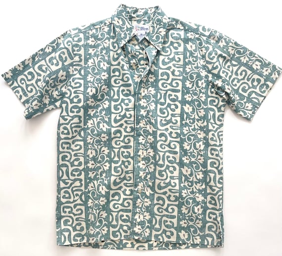 Vintage Reyn Spooner Shirt Hawaiian Aloha White Green Tapa Tiki Floral Print 80's Men's Short Sleeve Summer Tropical Beach Shirt