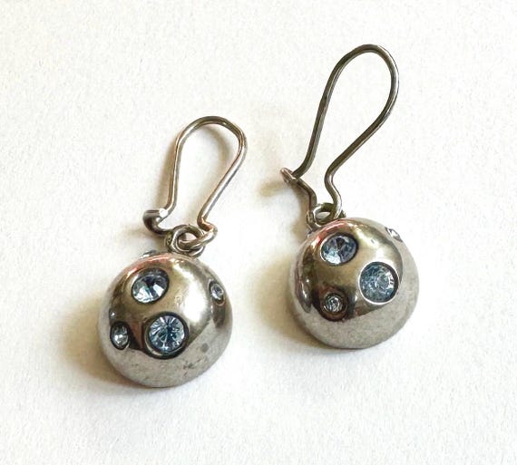 Yves Saint Laurent Earrings Vintage YSL Sterling Silver Dangle Drop Dome Style Blue Crystals Signed French Paris Designer Jewelry