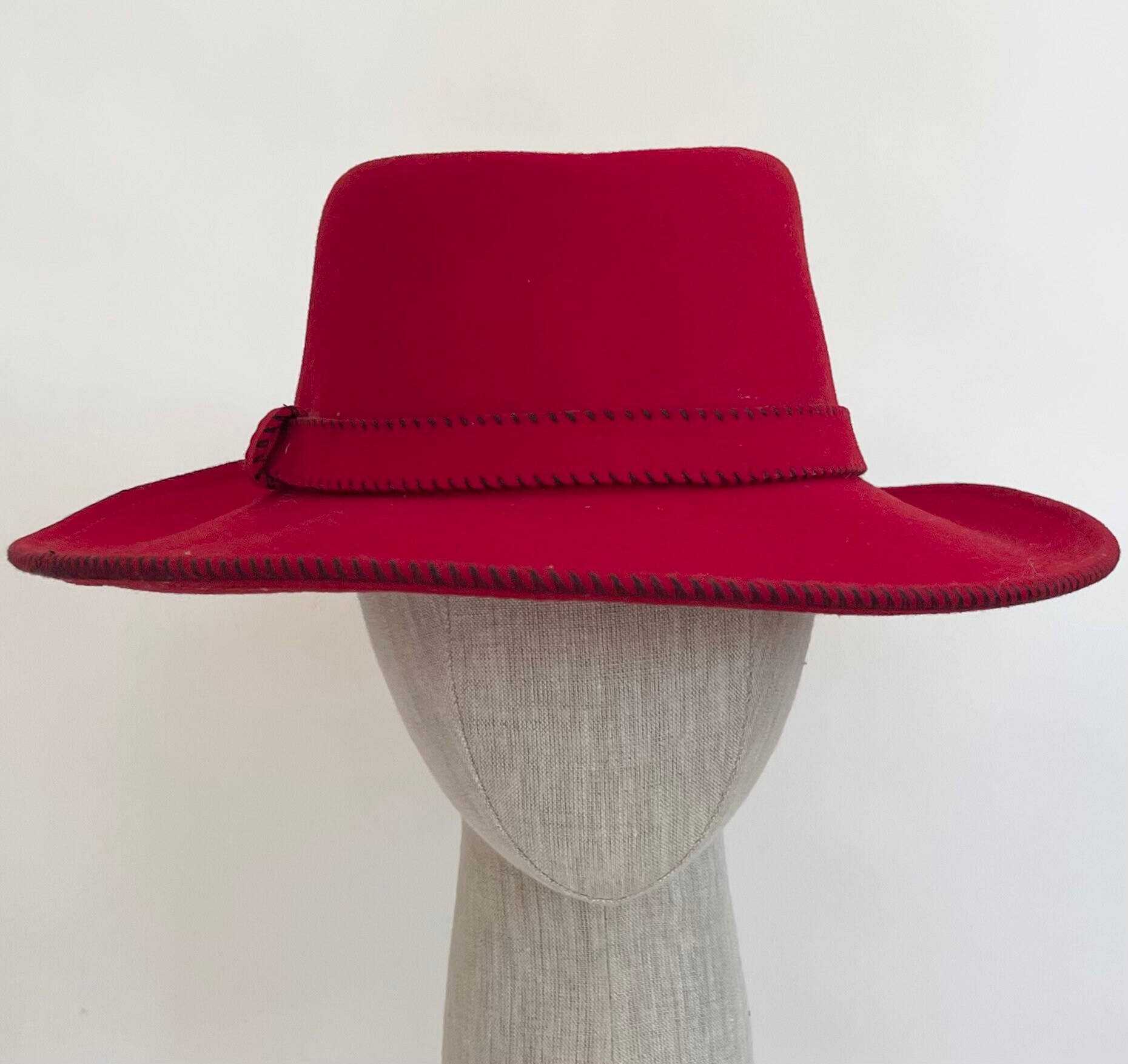 Red Felted Wool Hat Cowboy Hat Made in USA Contrast Black Stitching on Brim Hat Band