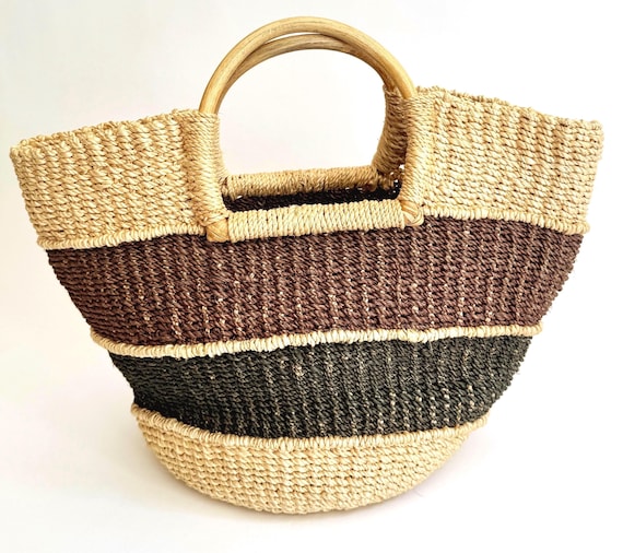 Vintage Straw Bag Woven Abaca with Blonde Wood Handles
