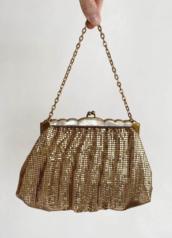 Gold Chain Mail Purse Evening Bag Handbag Vintage 50s Whiting & Davis Glam Evening Mother of Pearl Trim