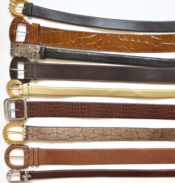 Vintage Minimalist Leather Belt Plain Solid Brown Black Beige Strap Vintage Womens Belts Croco Reptile Embossed Gold Silver Buckle