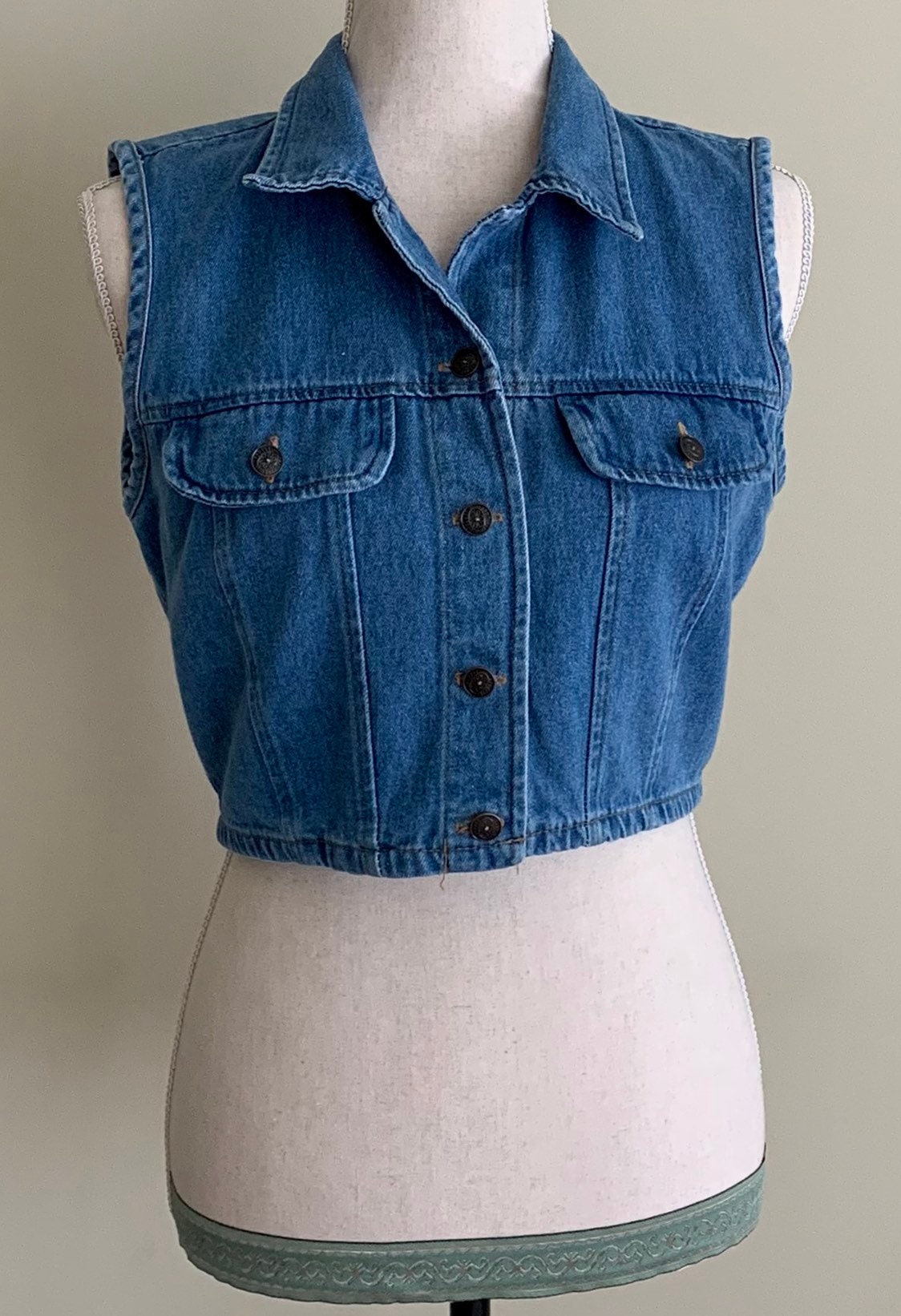 Cropped Denim Jean Vest Sleeveless Jacket Vintage 90s Medium Wash Made ...