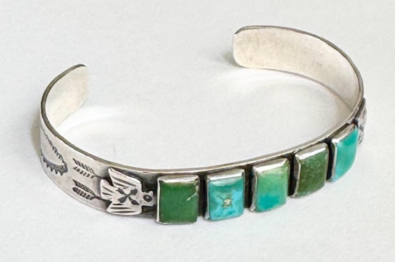 Early Navajo Turquoise Bracelet Cuff Fred Harvey Era Maisel's Trading Post New Mexico 30s 40s Native American Sterling Silver Thunderbird