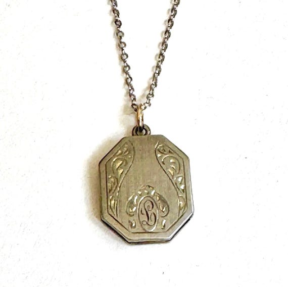 Antique Victorian Locket Necklace L Monogrammed Pendant Delicate 19.25" Silver Tone 14K Gold Fill Chain