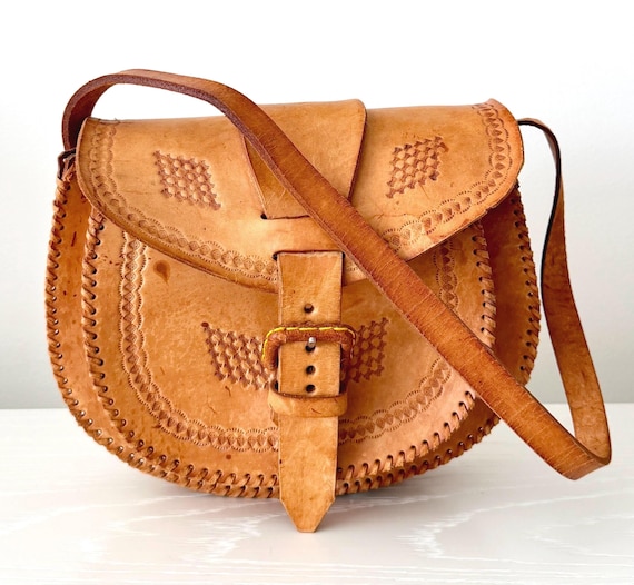 Vintage 70s Handmade Tooled Leather Bag