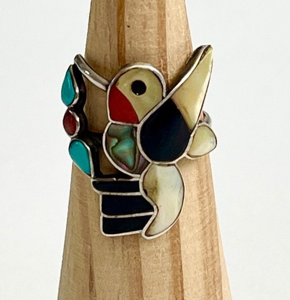 Zuni Hummingbird Inlay Ring Vintage Native American Handcrafted Sterling Silver Flush Turquoise Mother of Pearl Onyx Inlay Animal Bird 7.75